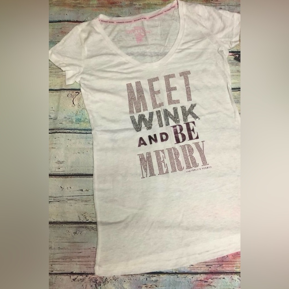 Victoria’s Secret White Bling Meet Wink Be Merry Supermodel Essential Tee Tshirt